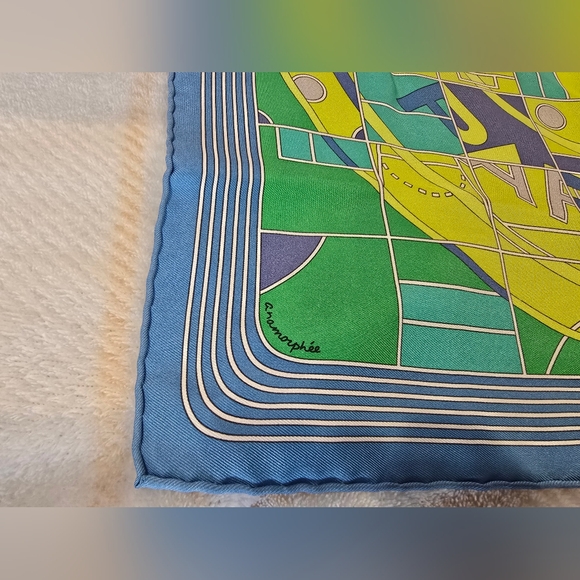 Silk Hermes Sport Pocket Square Bleu Azur Vert Fluo Mauve - Picture 4 of 5
